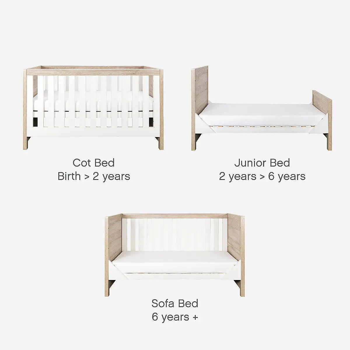 Tutti Bambini Modena 3 Piece Nursery Furniture Set with Cot Bed, Dresser & Wardrobe - White & Oak