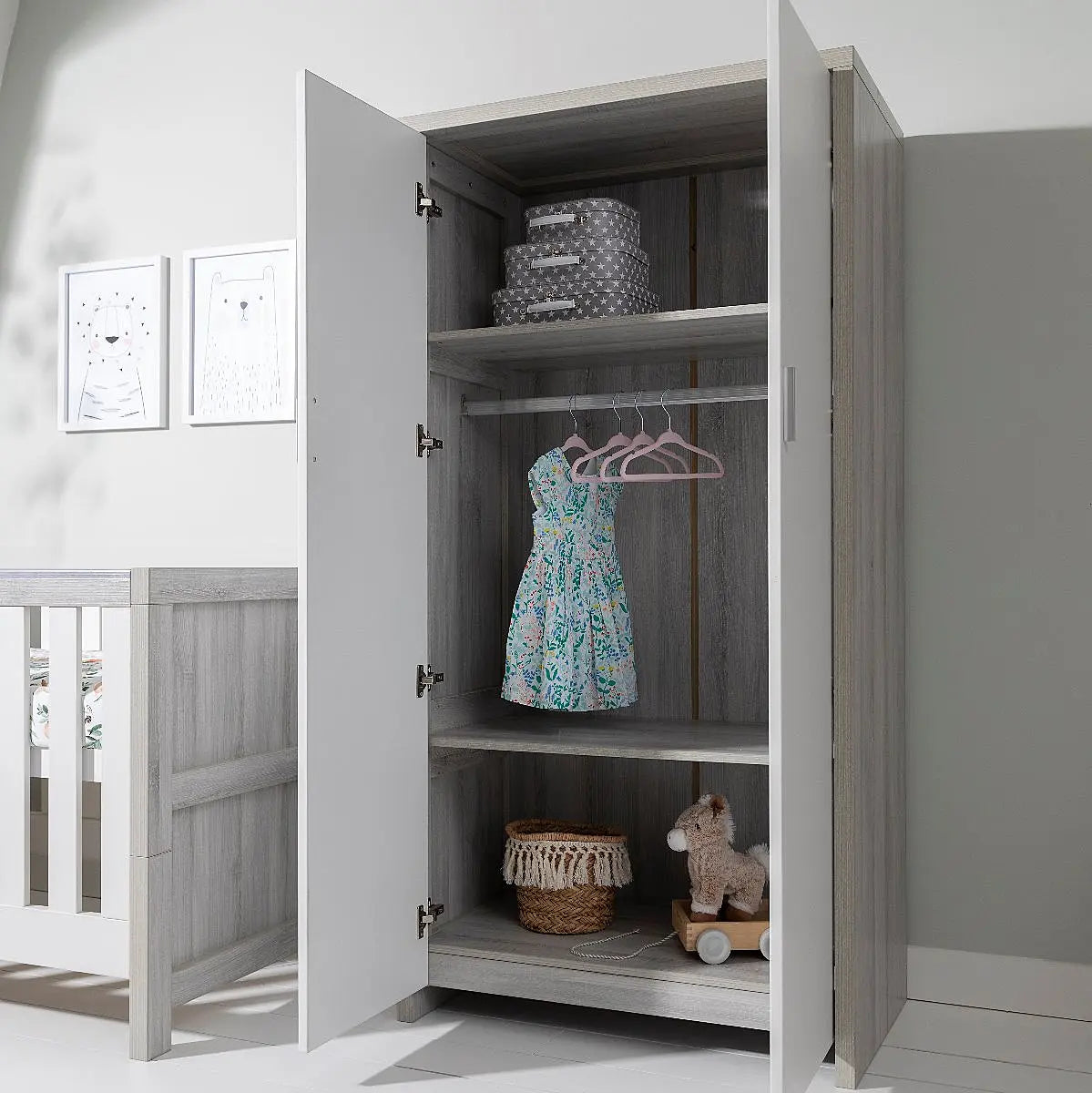 Tutti Bambini Modena 3 Piece Nursery Furniture Set with Cot Bed, Dresser & Wardrobe - White & Grey Ash