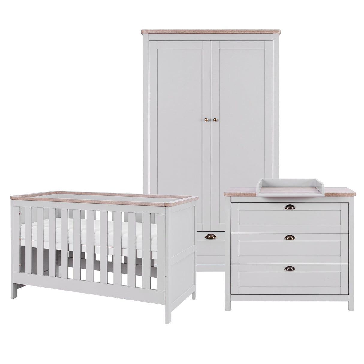 Tutti Bambini Verona 3 Piece Nursery Furniture Set with Cot Bed, Dresser and Wardrobe - Dove Grey / Oak