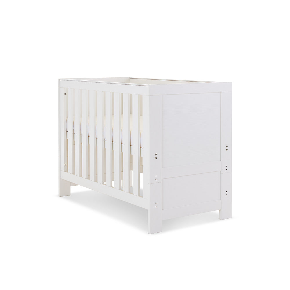 Obaby Nika Mini 3 Piece Nursery Furniture Set with Cot Bed, Dresser & Wardrobe – White Wash