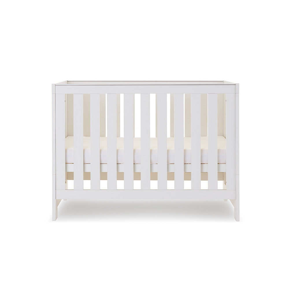 Obaby Nika Mini 3 Piece Nursery Furniture Set with Cot Bed, Dresser & Wardrobe – White Wash