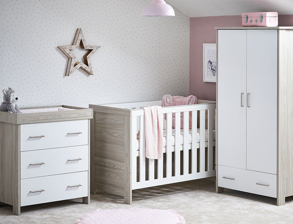 Obaby Nika Mini 3 Piece Nursery Furniture Set with Cot Bed, Dresser & Wardrobe – Grey Wash & White