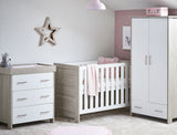 Obaby Nika Mini 3 Piece Nursery Furniture Set with Cot Bed, Dresser & Wardrobe – Grey Wash & White