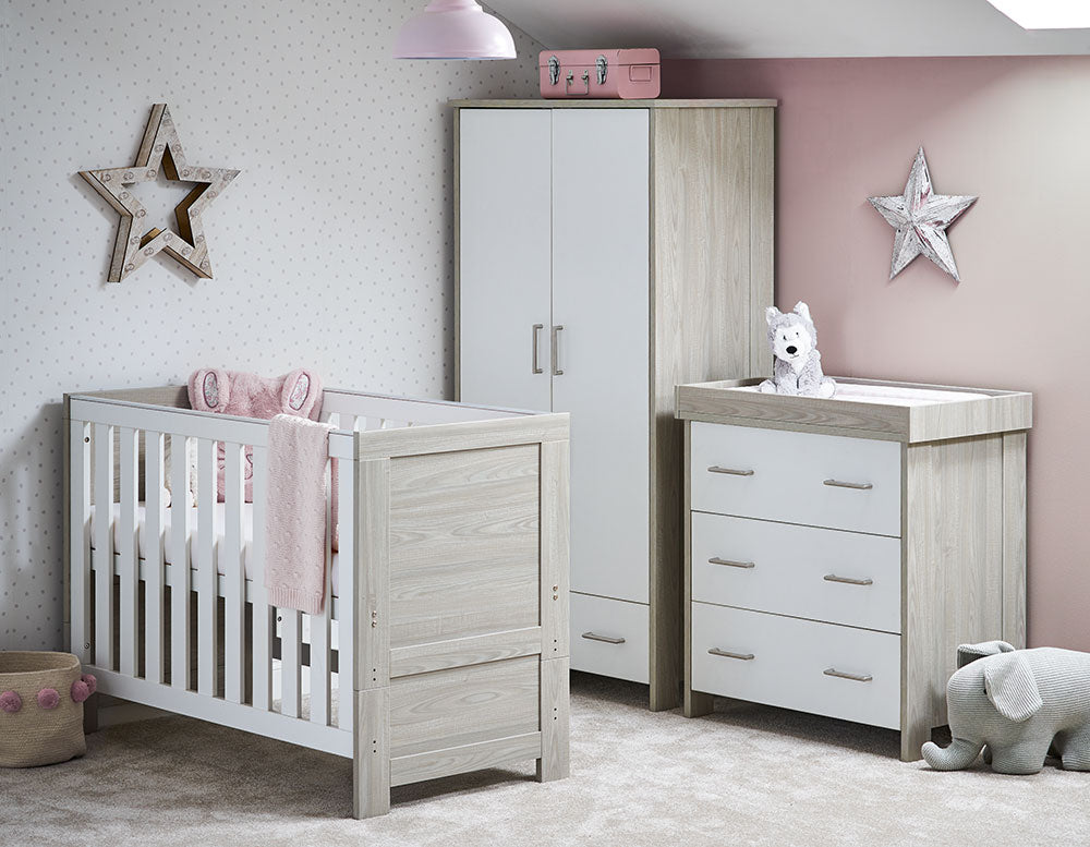 Obaby Nika Mini 3 Piece Nursery Furniture Set with Cot Bed, Dresser & Wardrobe – Grey Wash & White