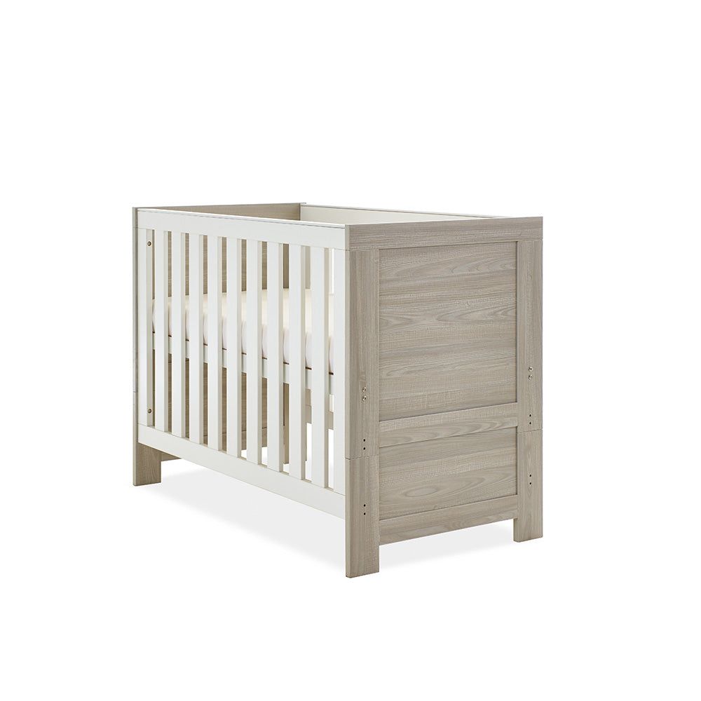 Obaby Nika Mini 3 Piece Nursery Furniture Set with Cot Bed, Dresser & Wardrobe – Grey Wash & White