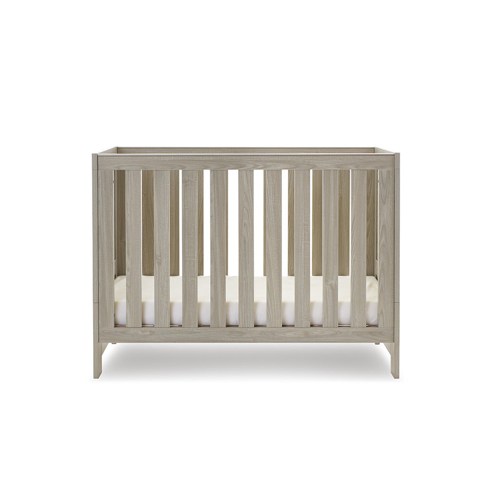 Obaby Nika Mini 3 Piece Nursery Furniture Set with Cot Bed, Dresser & Wardrobe – Grey Wash