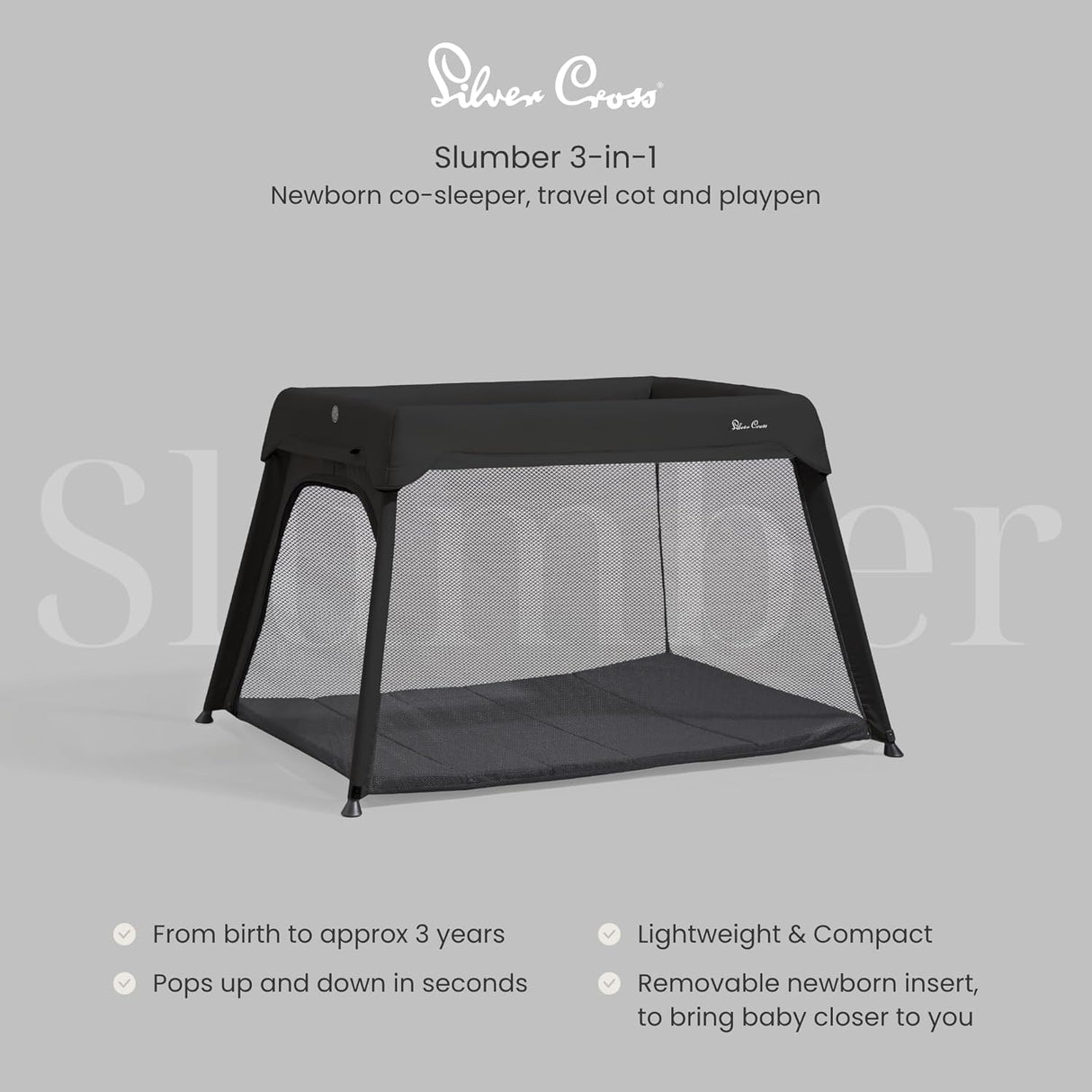 Silver Cross Slumber 3-in-1 Travel Cot & Playpen - Carbon Black