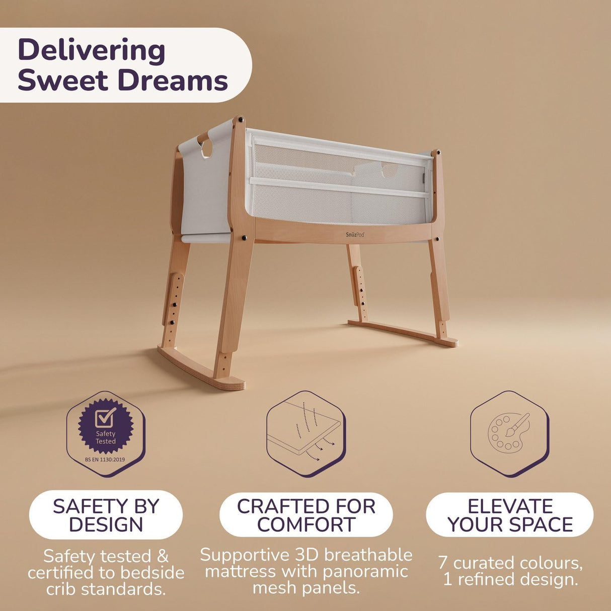 SnuzPod Studio Co-Sleeper Bedside Crib & Mattress - Stockholm Natural