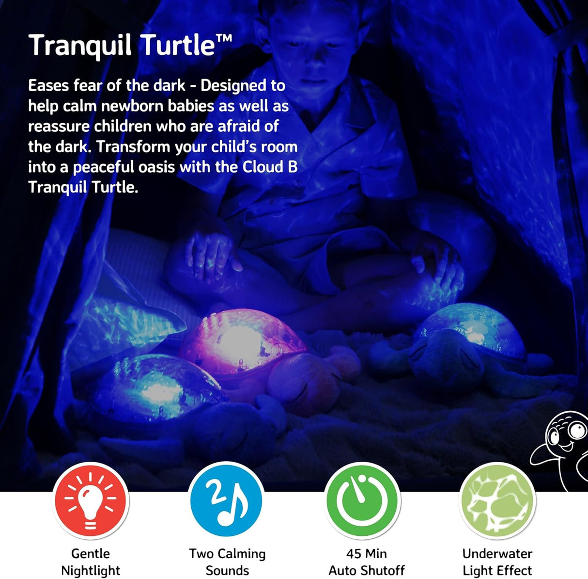 Cloud B Tranquil Turtle Projector Nightlight with White Noise Soothing Sounds - Aqua Blue