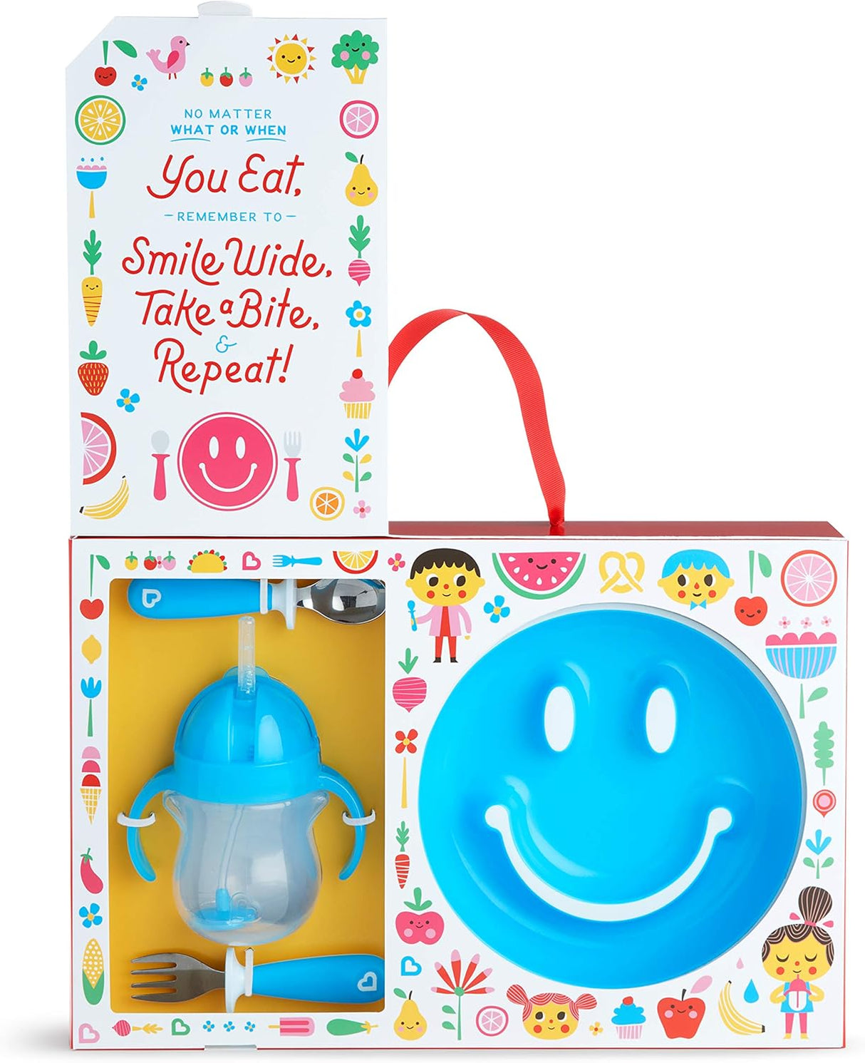 Munchkin Be Happy Toddler Dining Set, Includes Suction Plate, Straw Cup, and Utensil Set - Blue