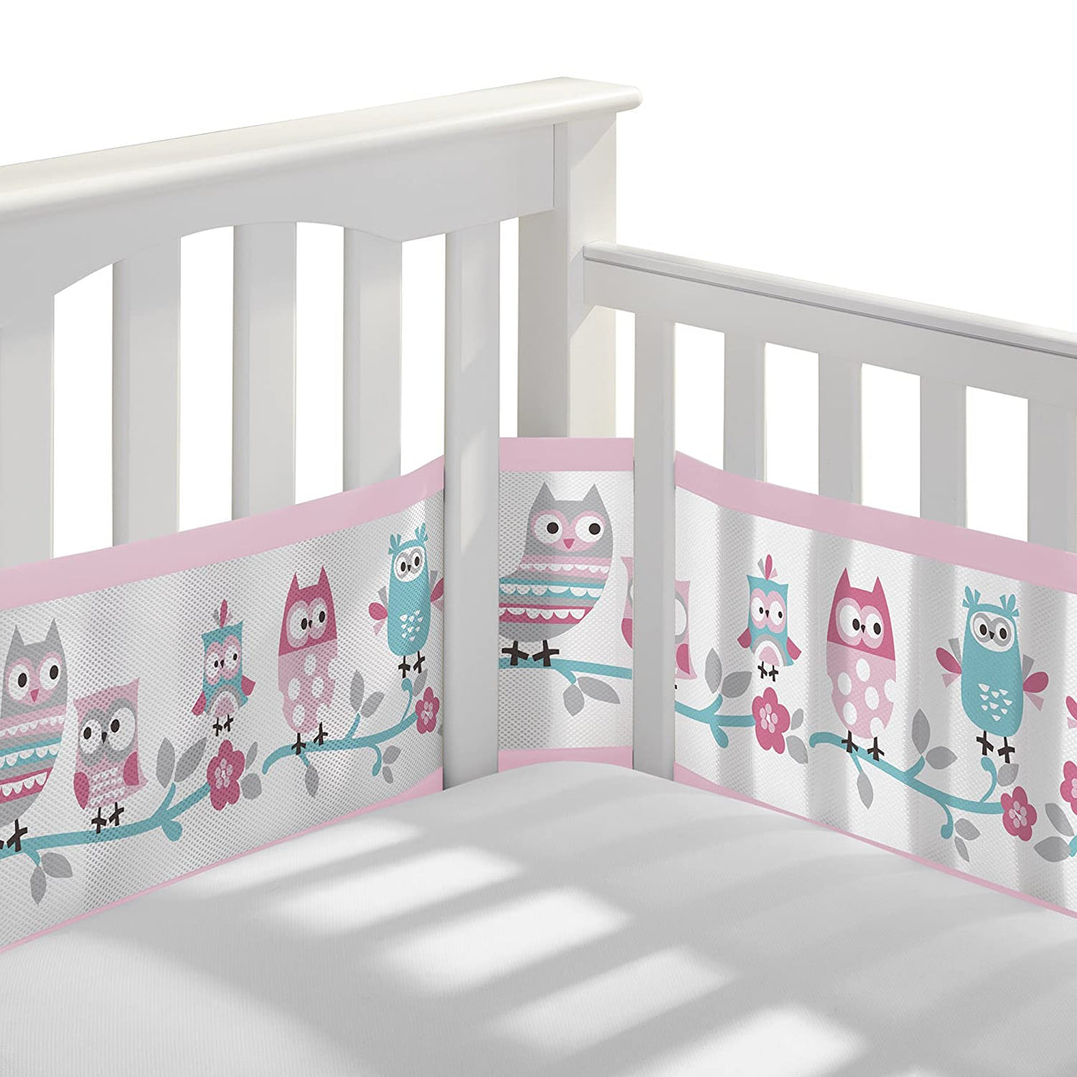 BreathableBaby Classic Breathable Mesh 4 Sided Crib Liner – Owl Story Pink