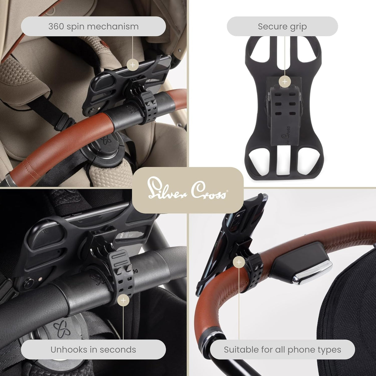 Silver Cross Universal Pushchair Rotating Mobile Phone Holder - Black