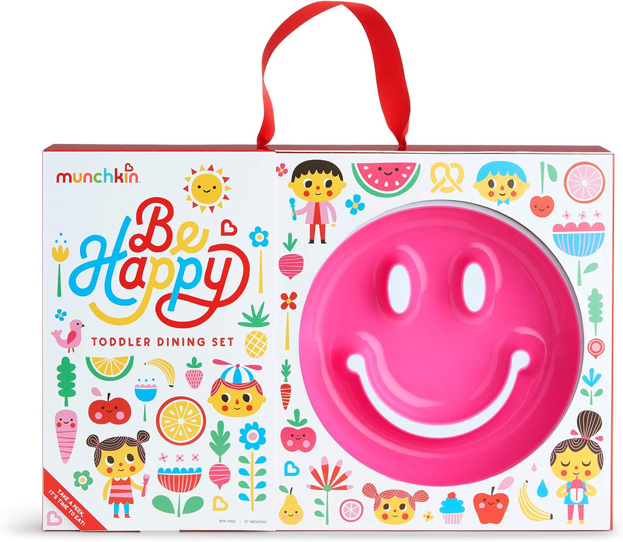 Munchkin Be Happy Toddler Dining Set, Includes Suction Plate, Straw Cup, and Utensil Set - Pink