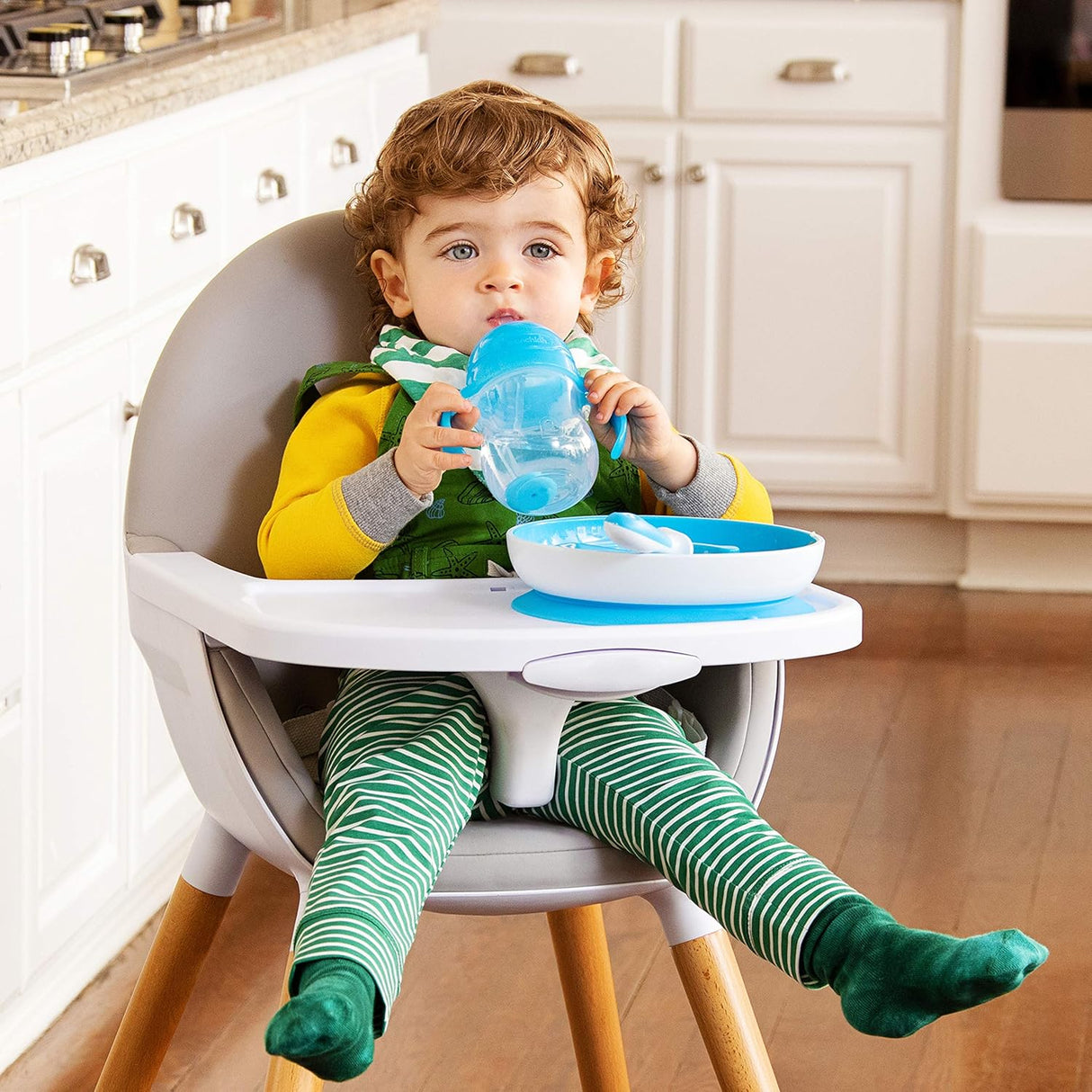 Munchkin Be Happy Toddler Dining Set, Includes Suction Plate, Straw Cup, and Utensil Set - Blue