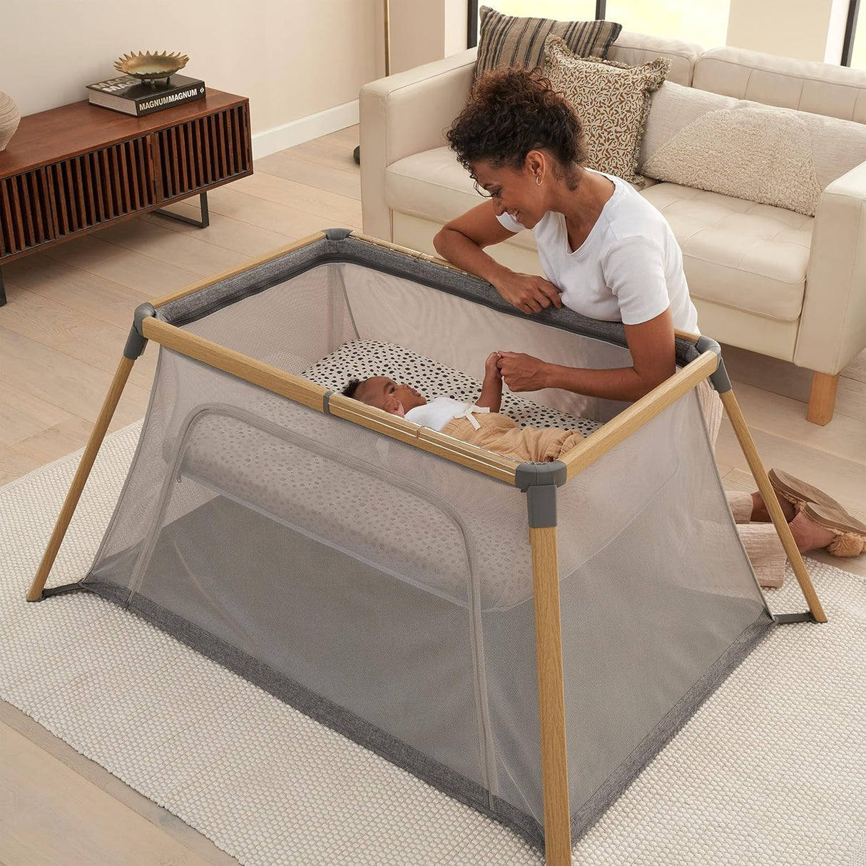 Tutti Bambini CoZee Go 3-in-1 Bassinet, Travel Cot & Playpen - Day & Night Bundle – Oak & Charcoal