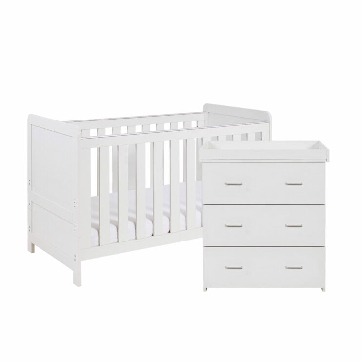 Babymore Caro 2 Piece Nursery Furniture Set with Cot Bed & Dresser - White Wash