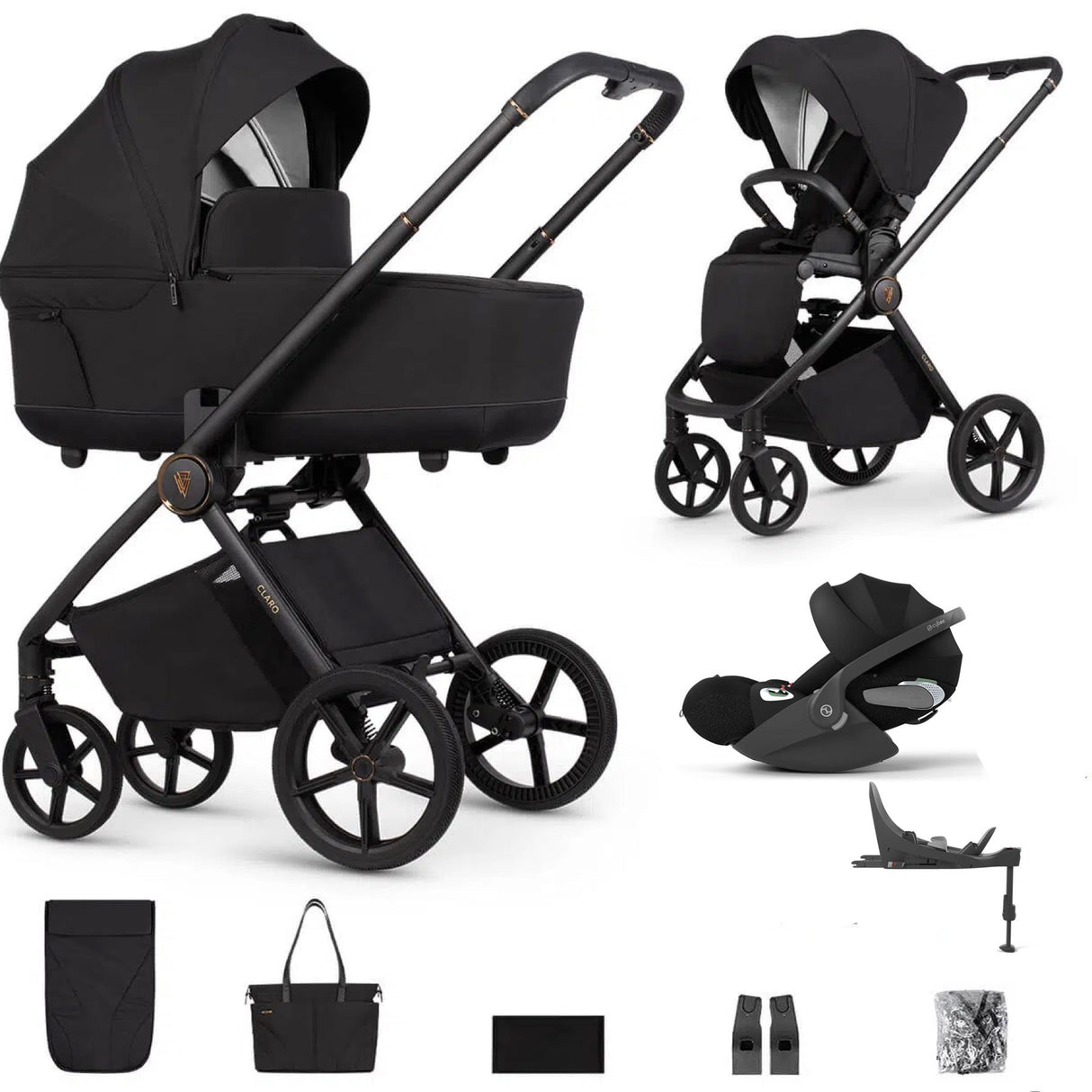 Venicci Claro Travel System Bundle with Accessories, Cybex Cloud T & ISOFIX Base - Noir