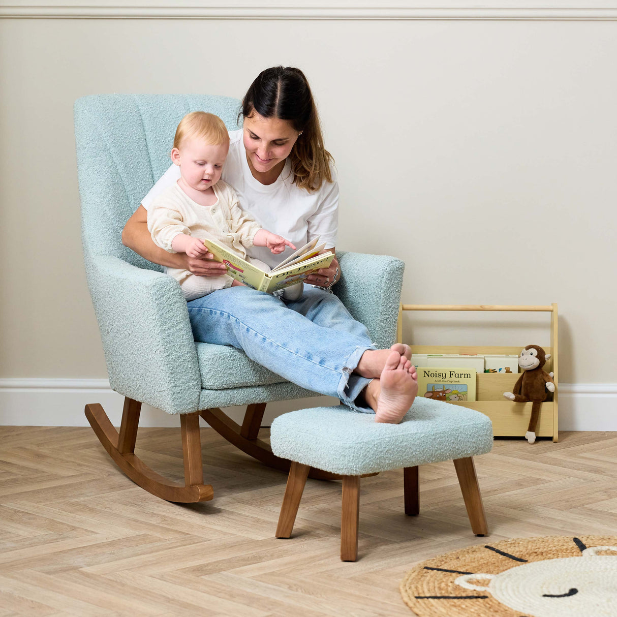 Tutti Bambini Jonah Luxe Rocking Chair and Foot Stool - Boucle Ocean Stone