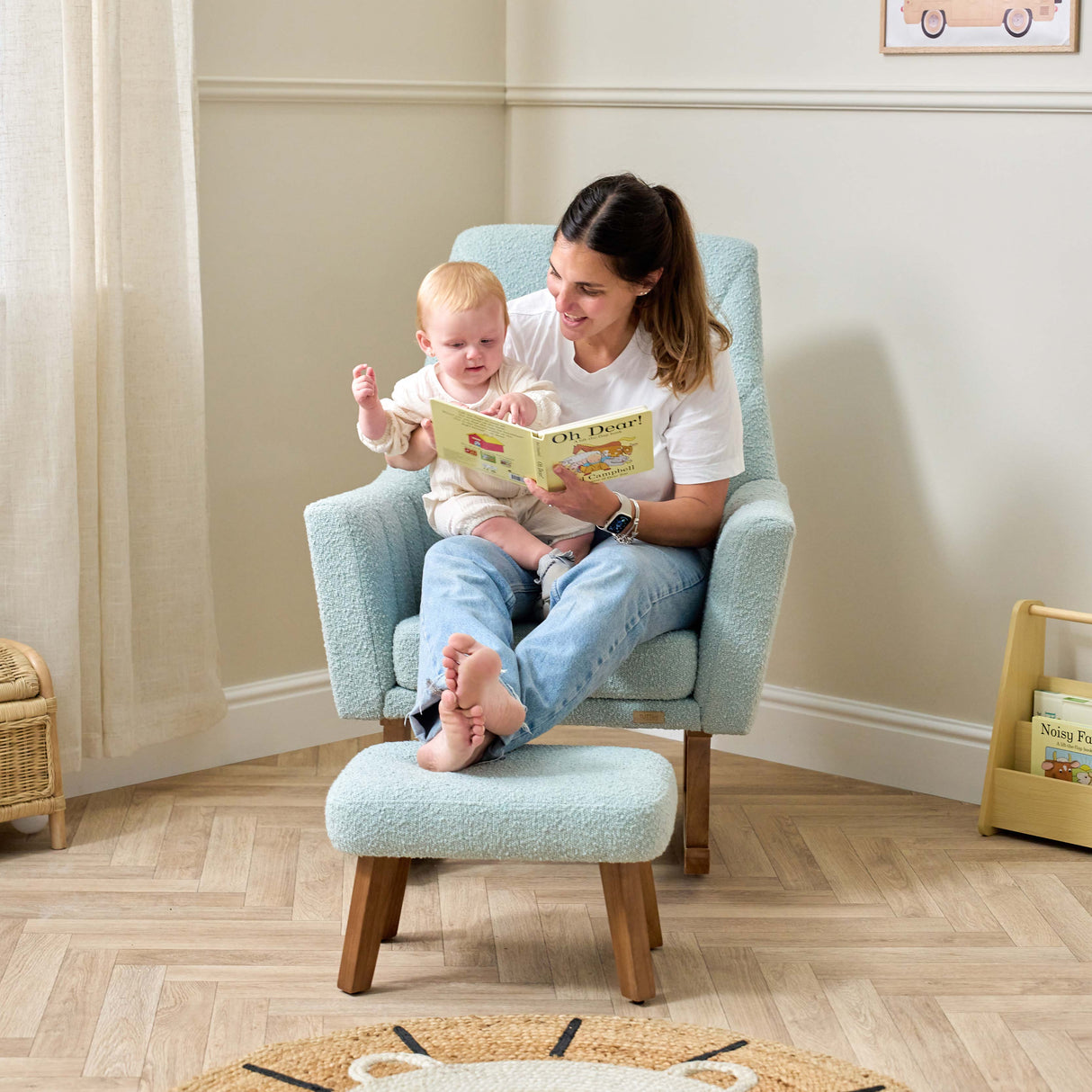 Tutti Bambini Jonah Luxe Rocking Chair and Foot Stool - Boucle Ocean Stone