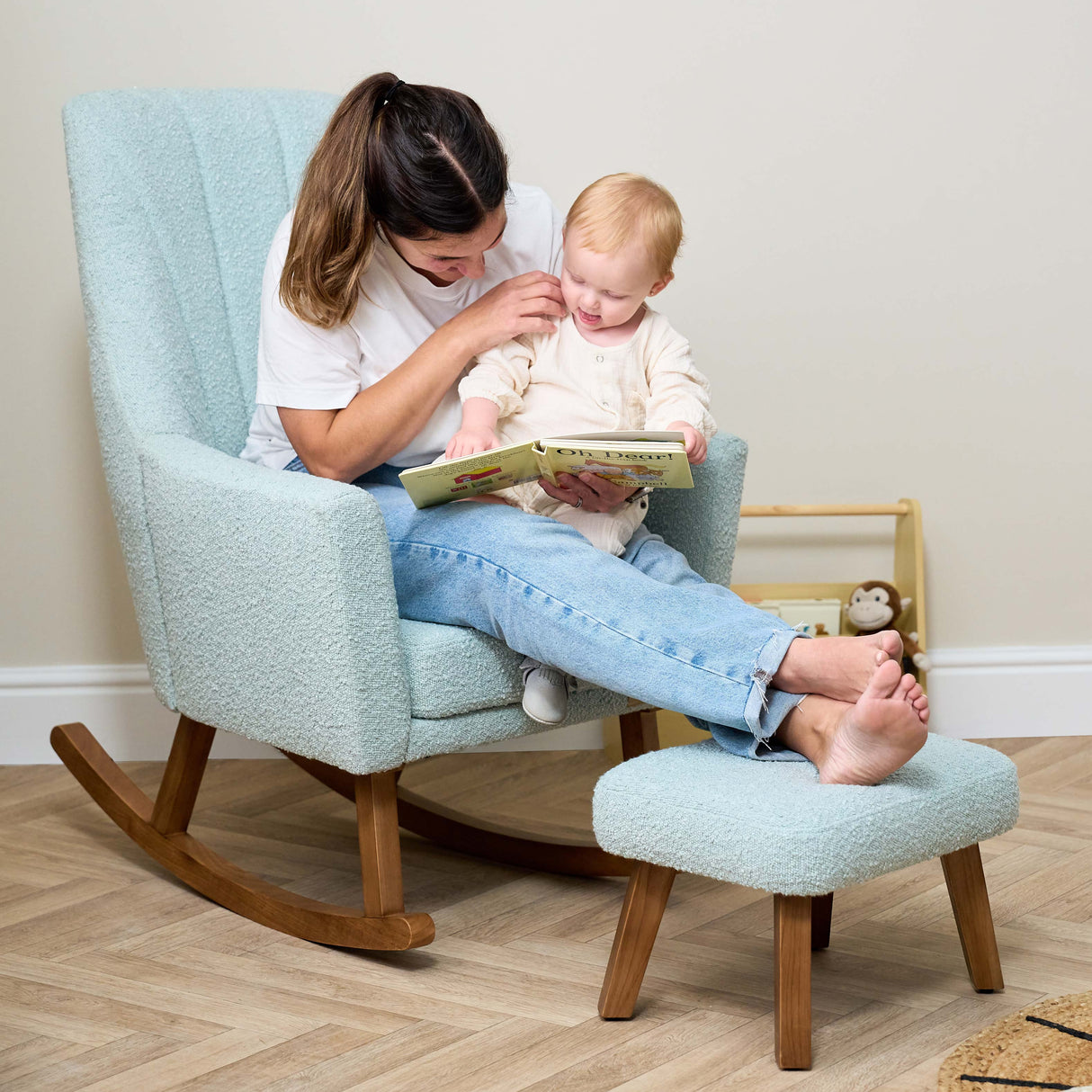 Tutti Bambini Jonah Luxe Rocking Chair and Foot Stool - Boucle Ocean Stone