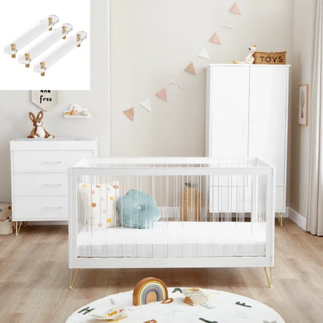 Babymore Kimi XL 3 Piece Nursery Furniture Set with Cot Bed, Dresser & Wardrobe - Acrylic