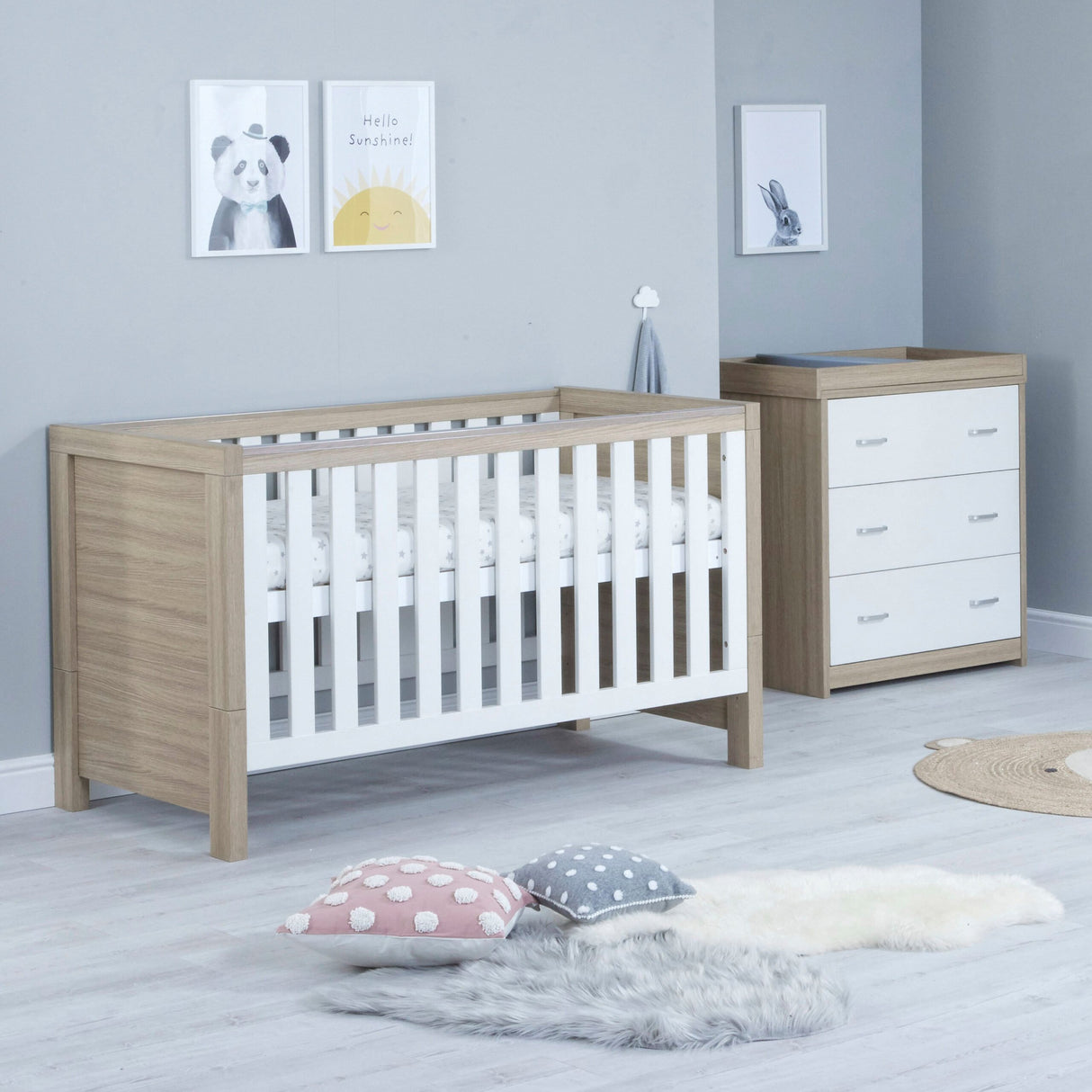 Babymore Luno 2 Piece Nursery Furniture Set with Cot Bed & Dresser - Oak White