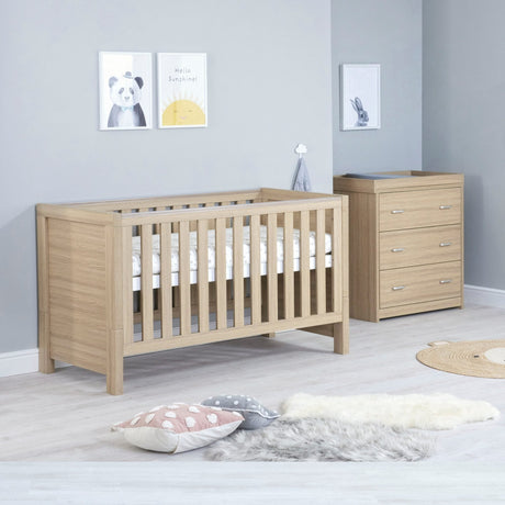 Babymore Luno 2 Piece Nursery Furniture Set with Cot Bed & Dresser - Oak