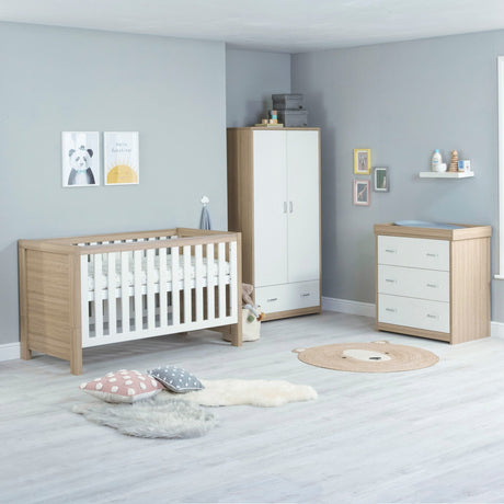 Babymore Luno 3 Piece Nursery Furniture Set with Cot Bed, Dresser and Wardrobe - Oak White