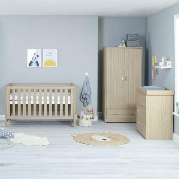 Babymore Luno 3 Piece Nursery Furniture Set with Cot Bed, Dresser and Wardrobe - Oak