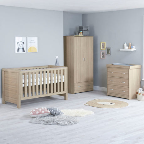 Babymore Luno 3 Piece Nursery Furniture Set with Cot Bed, Dresser and Wardrobe - Oak