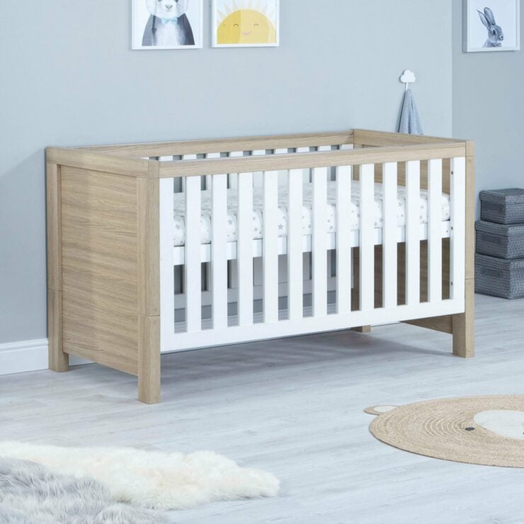 Babymore Luno 2 Piece Nursery Furniture Set with Cot Bed & Dresser - Oak White