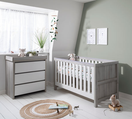 Tutti Bambini Modena 2 Piece Nursery Furniture Set with Cot Bed & Dresser - White & Grey Ash