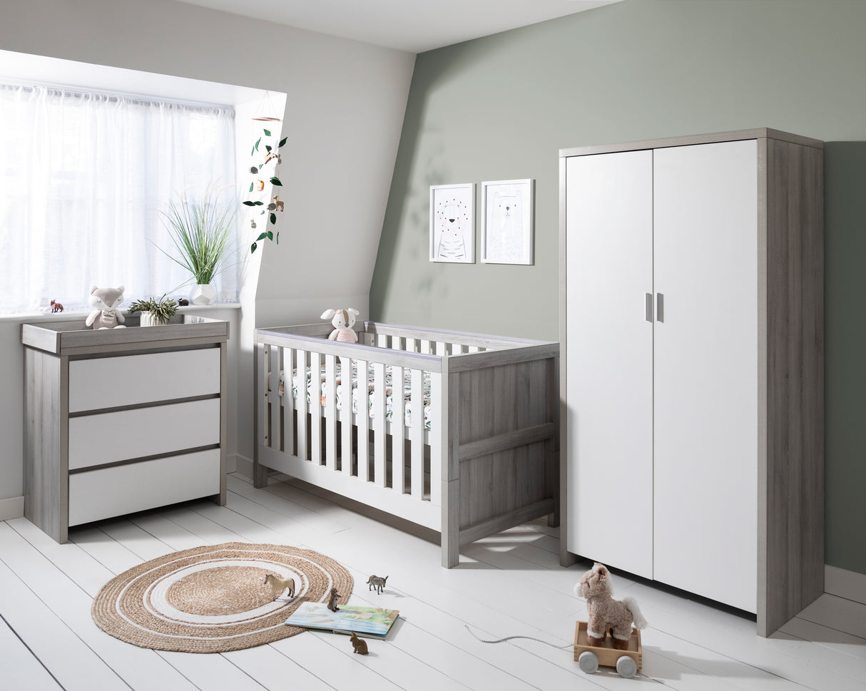 Tutti Bambini Modena 3 Piece Nursery Furniture Set with Cot Bed, Dresser & Wardrobe - White & Grey Ash