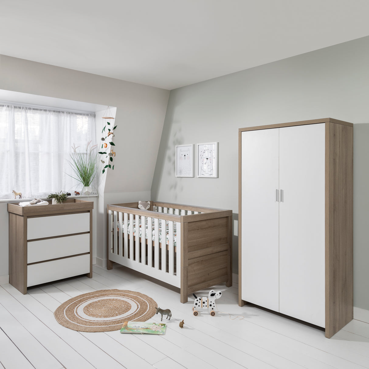 Tutti Bambini Modena 3 Piece Nursery Furniture Set with Cot Bed, Dresser & Wardrobe - White & Oak