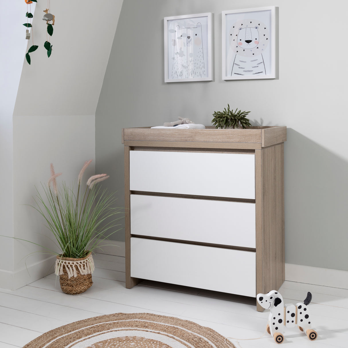 Tutti Bambini Modena 3 Piece Nursery Furniture Set with Cot Bed, Dresser & Wardrobe - White & Oak