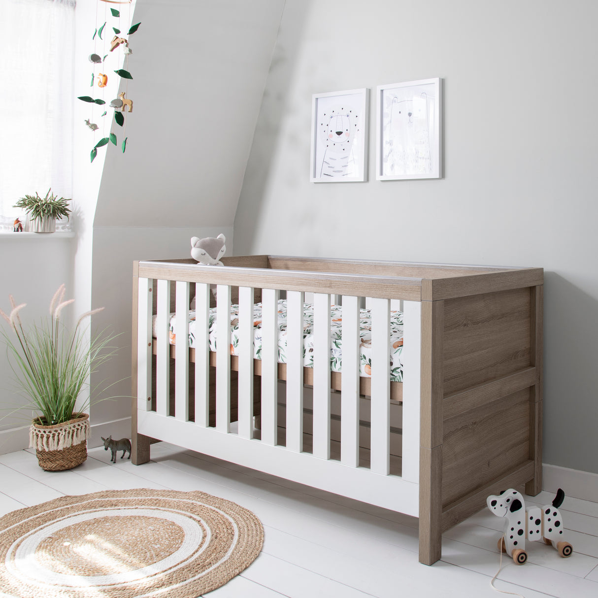 Tutti Bambini Modena 3 Piece Nursery Furniture Set with Cot Bed, Dresser & Wardrobe - White & Oak