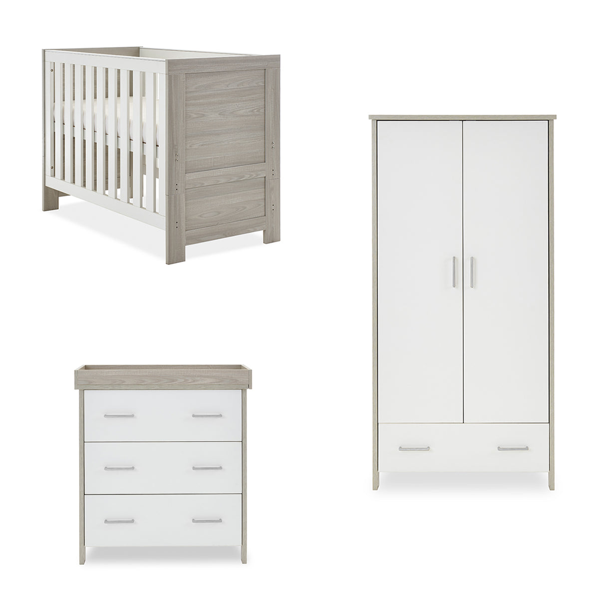 Obaby Nika Mini 3 Piece Nursery Furniture Set with Cot Bed, Dresser & Wardrobe – Grey Wash & White