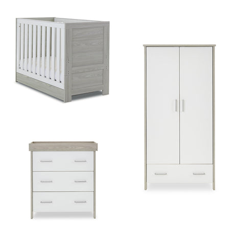 Obaby Nika Mini 3 Piece Nursery Furniture Set with Cot Bed, Dresser & Wardrobe – Grey Wash & White