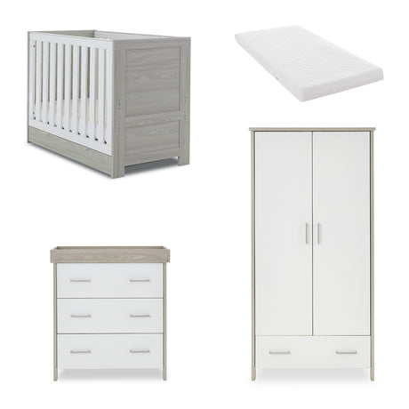 Obaby Nika Mini 3 Piece Nursery Furniture Set with Cot Bed, Dresser & Wardrobe – Grey Wash & White