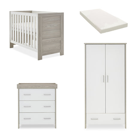 Obaby Nika Mini 3 Piece Nursery Furniture Set with Cot Bed, Dresser & Wardrobe – Grey Wash & White