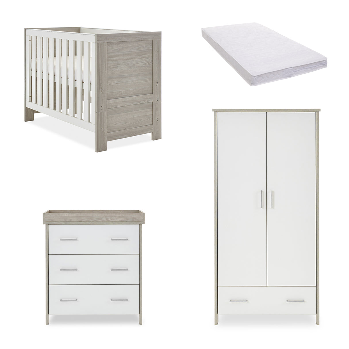 Obaby Nika Mini 3 Piece Nursery Furniture Set with Cot Bed, Dresser & Wardrobe – Grey Wash & White