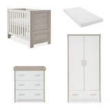 Obaby Nika Mini 3 Piece Nursery Furniture Set with Cot Bed, Dresser & Wardrobe – Grey Wash & White