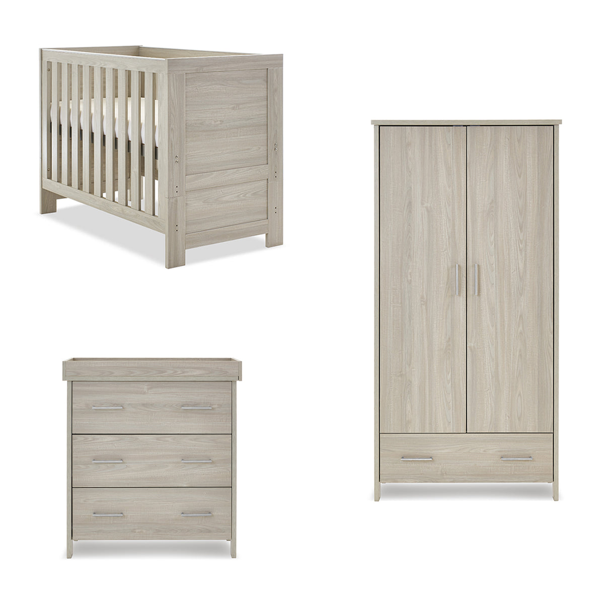 Obaby Nika Mini 3 Piece Nursery Furniture Set with Cot Bed, Dresser & Wardrobe – Grey Wash