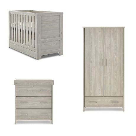 Obaby Nika Mini 3 Piece Nursery Furniture Set with Cot Bed, Dresser & Wardrobe – Grey Wash