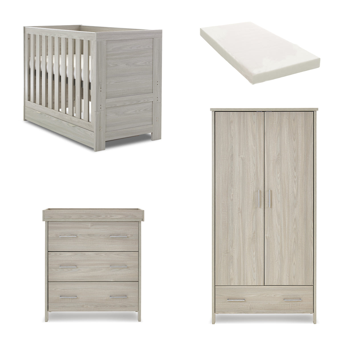 Obaby Nika Mini 3 Piece Nursery Furniture Set with Cot Bed, Dresser & Wardrobe – Grey Wash