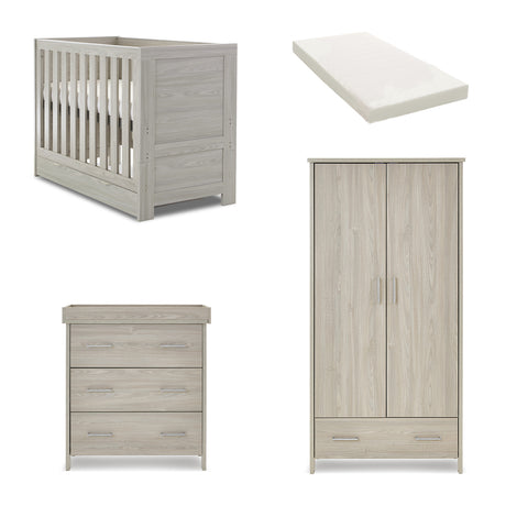 Obaby Nika Mini 3 Piece Nursery Furniture Set with Cot Bed, Dresser & Wardrobe – Grey Wash