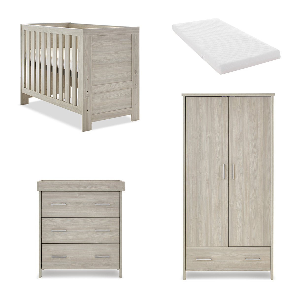 Obaby Nika Mini 3 Piece Nursery Furniture Set with Cot Bed, Dresser & Wardrobe – Grey Wash