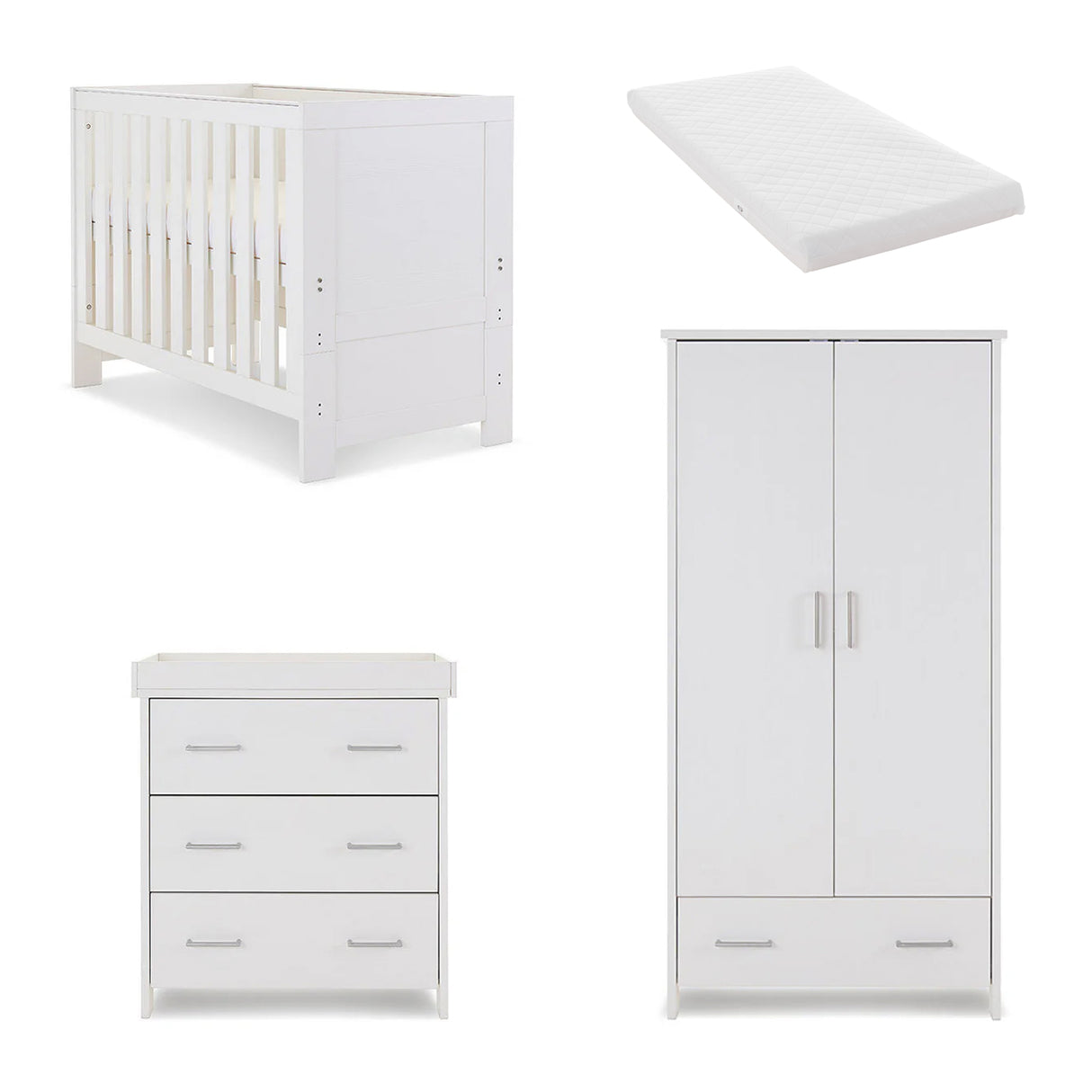 Obaby Nika Mini 3 Piece Nursery Furniture Set with Cot Bed, Dresser & Wardrobe – White Wash