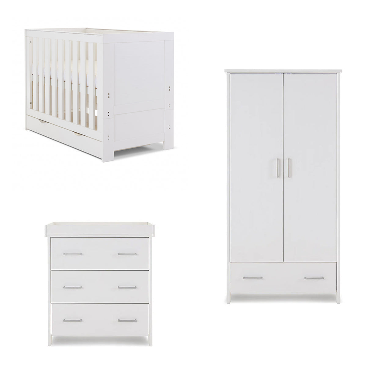 Obaby Nika Mini 3 Piece Nursery Furniture Set with Cot Bed, Dresser & Wardrobe – White Wash