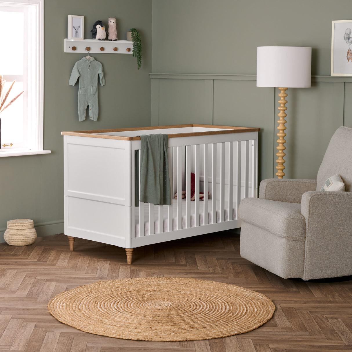 Obaby Orla 3 Piece Nursery Furniture Set with Cot Bed, Dresser and Wardrobe - White & Oak